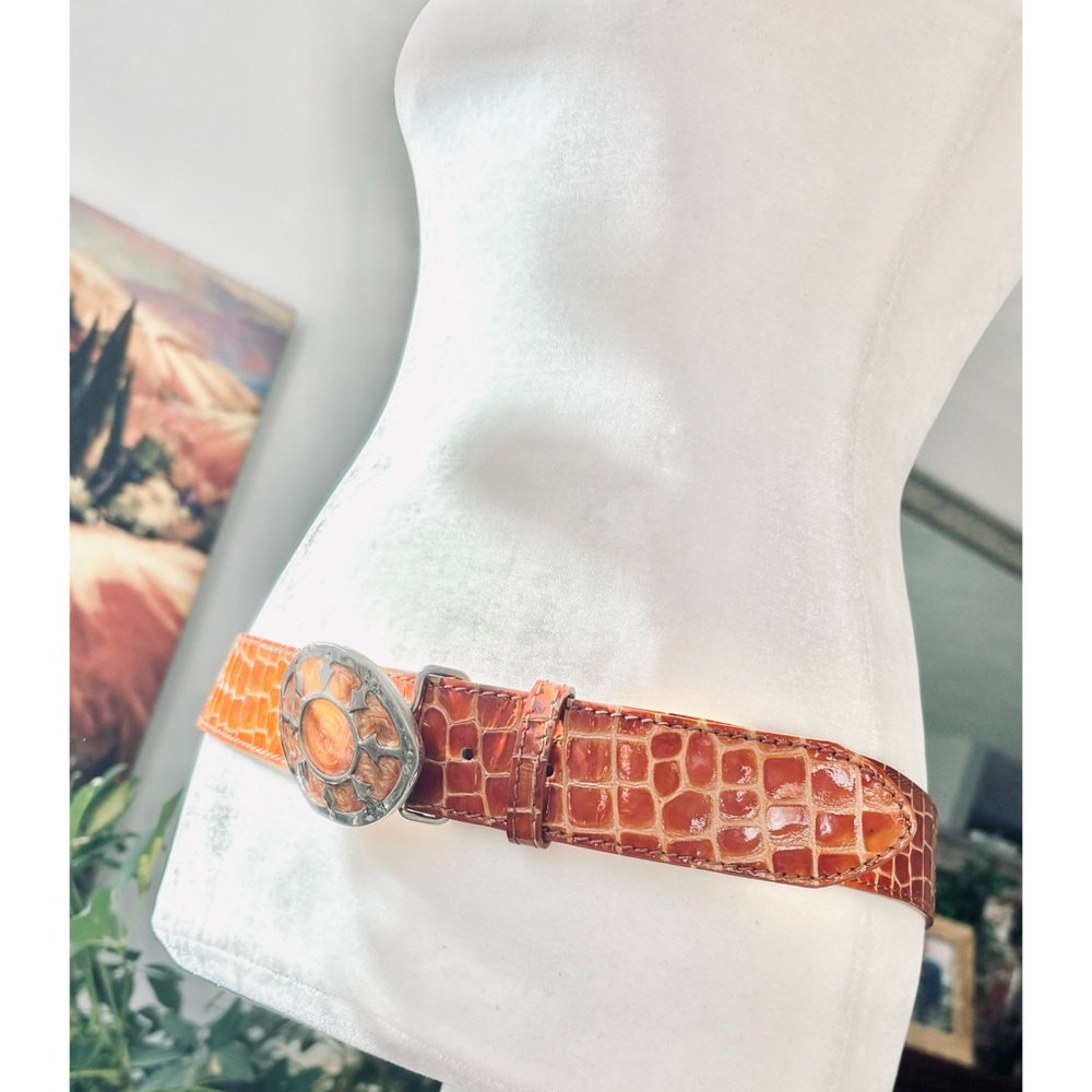 Genuine Leather Rust Garuglieri Italian Made Crocodile Pattern Embossed Belt-MED - Picture 5 of 12